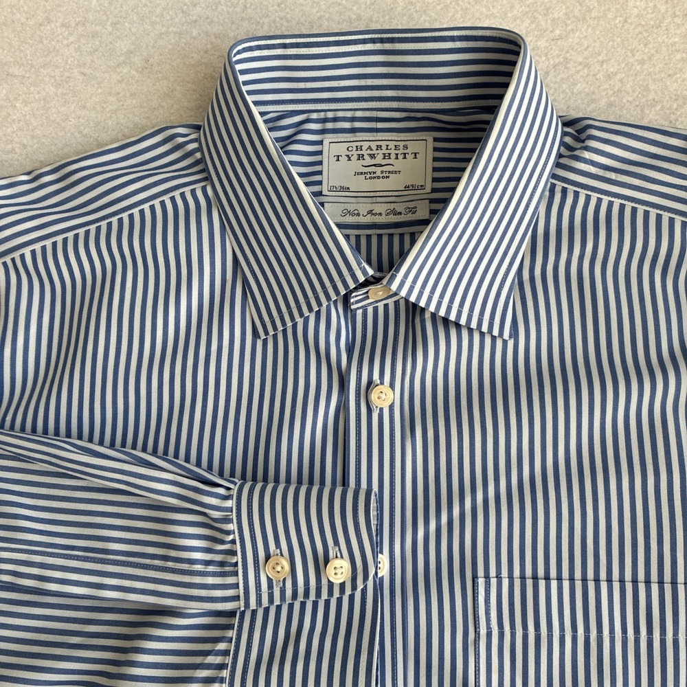 Charles Tyrwhitt Slim Fit 17.5 36 Blue White Striped Mens Dress Shirt Office